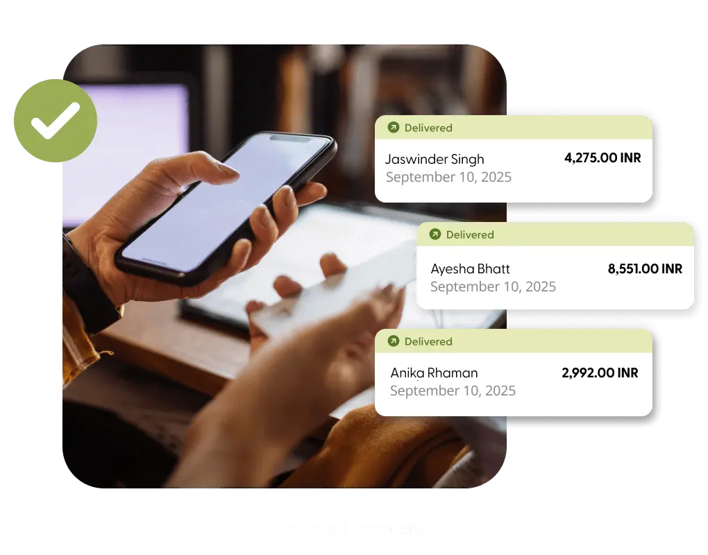 People holding phones showing simulated Remitly money transfer delivery confirmations.