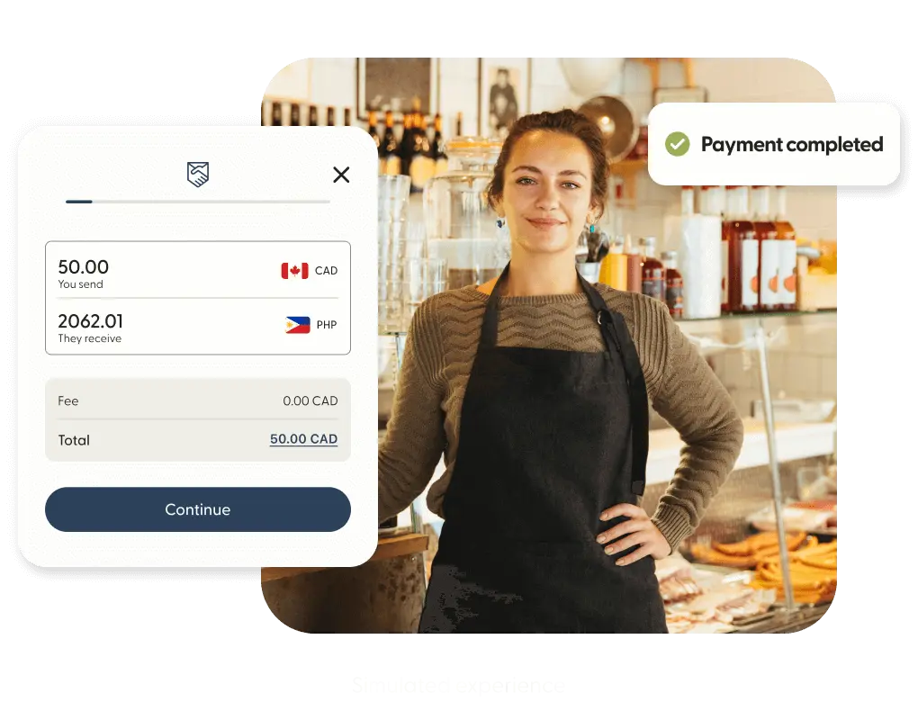 Person beside a simulated Remitly payment confirmation screen.