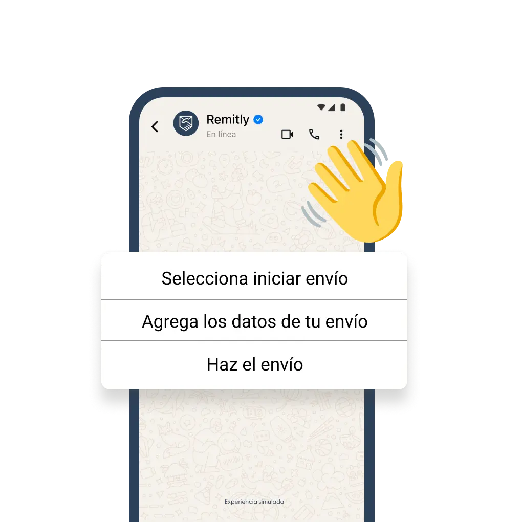 La pantalla de un teléfono muestra la app de Remitly con opciones para iniciar un envío, agregar datos y hacer el envío.