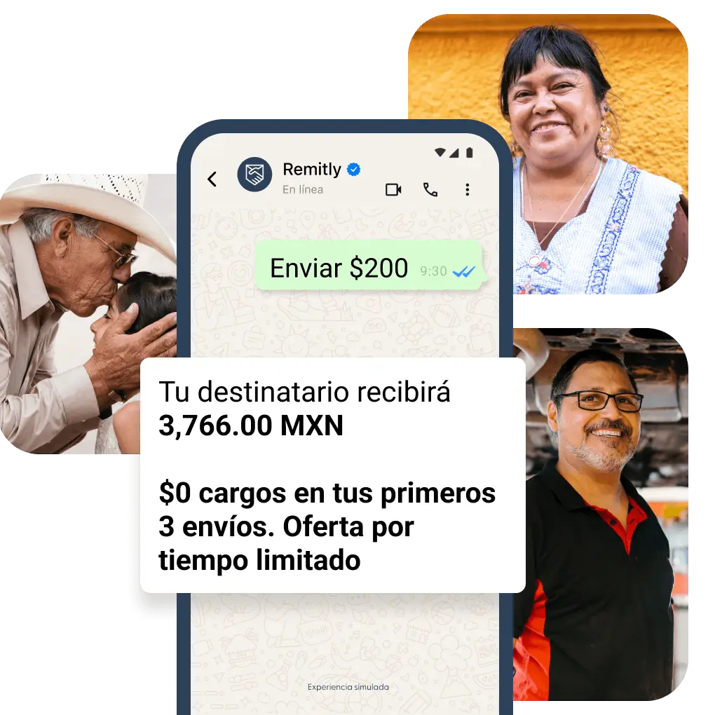 Un chat de Remitly en el que se ve un envío de 200 USD con la cantidad que recibe el destinatario y una oferta por tiempo limitado de envío sin cargos.