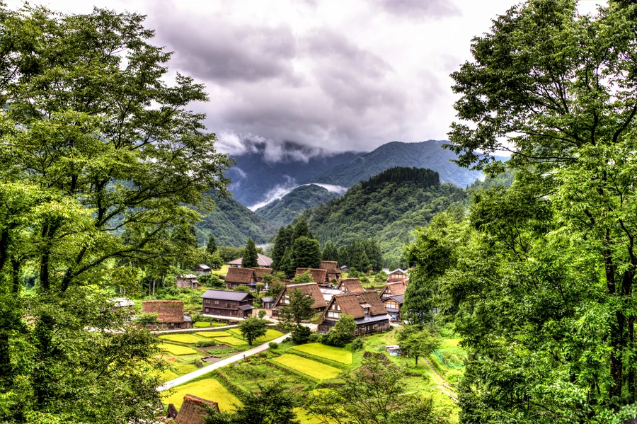 Traditional thatched-roof farmhouses in the ancient village of Ainokura, Toyama prefecture.