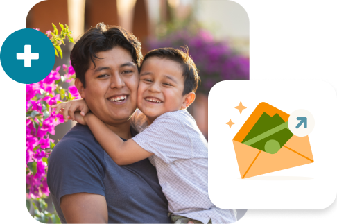 A parent and child smiling together with an illustration of money in an envelope.