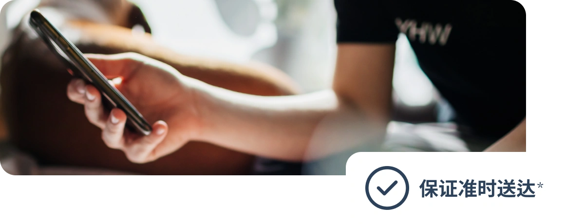 用户手持手机,旁边标注保障准时送达。