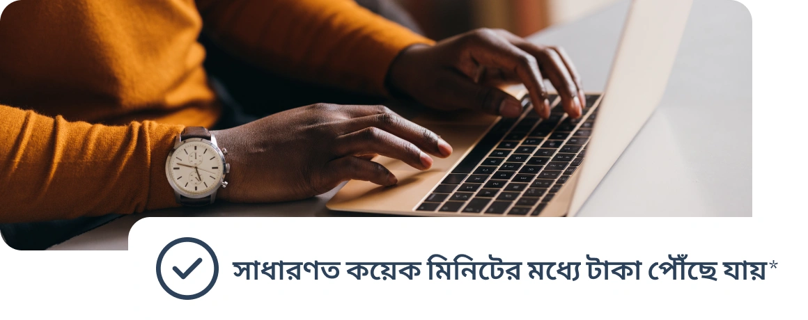 একজন ব্যবহারকারী ল্যাপটপে লিখছেন, এখানে সাধারণত পেমেন্ট খুব অল্প সময়ের ভিতরে পৌঁছে যাওয়ার কথা বলা হয়েছে।