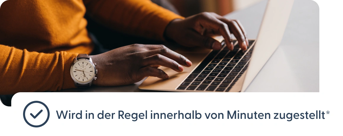 Benutzer an einem Laptop, auf dem der Hinweis angezeigt wird, dass Zahlungen in der Regel innerhalb weniger Minuten eingehen.