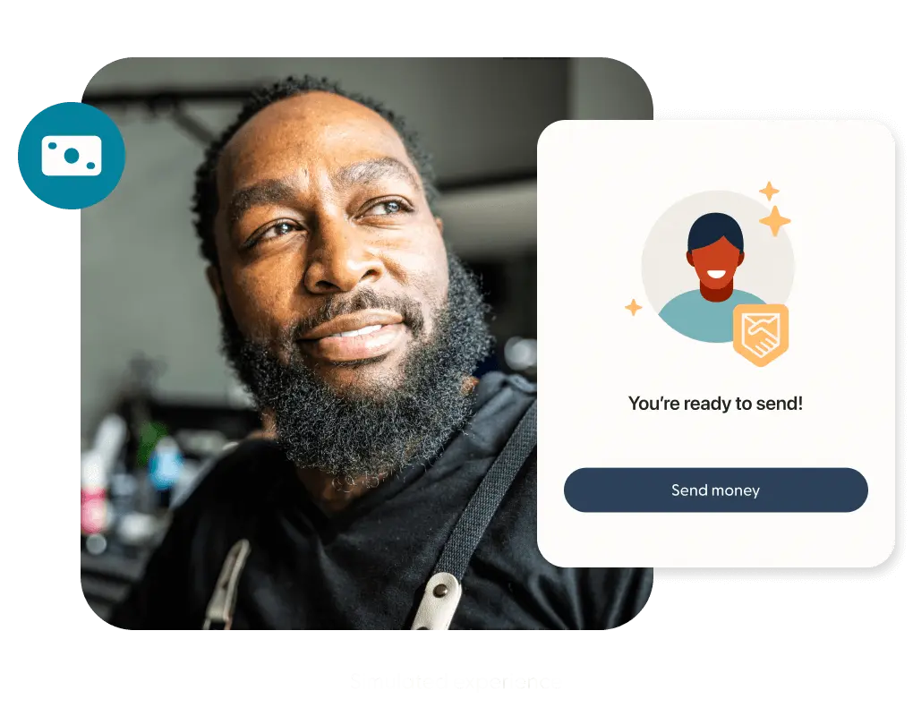 Man smiling with a screen prompt to set up a business account.