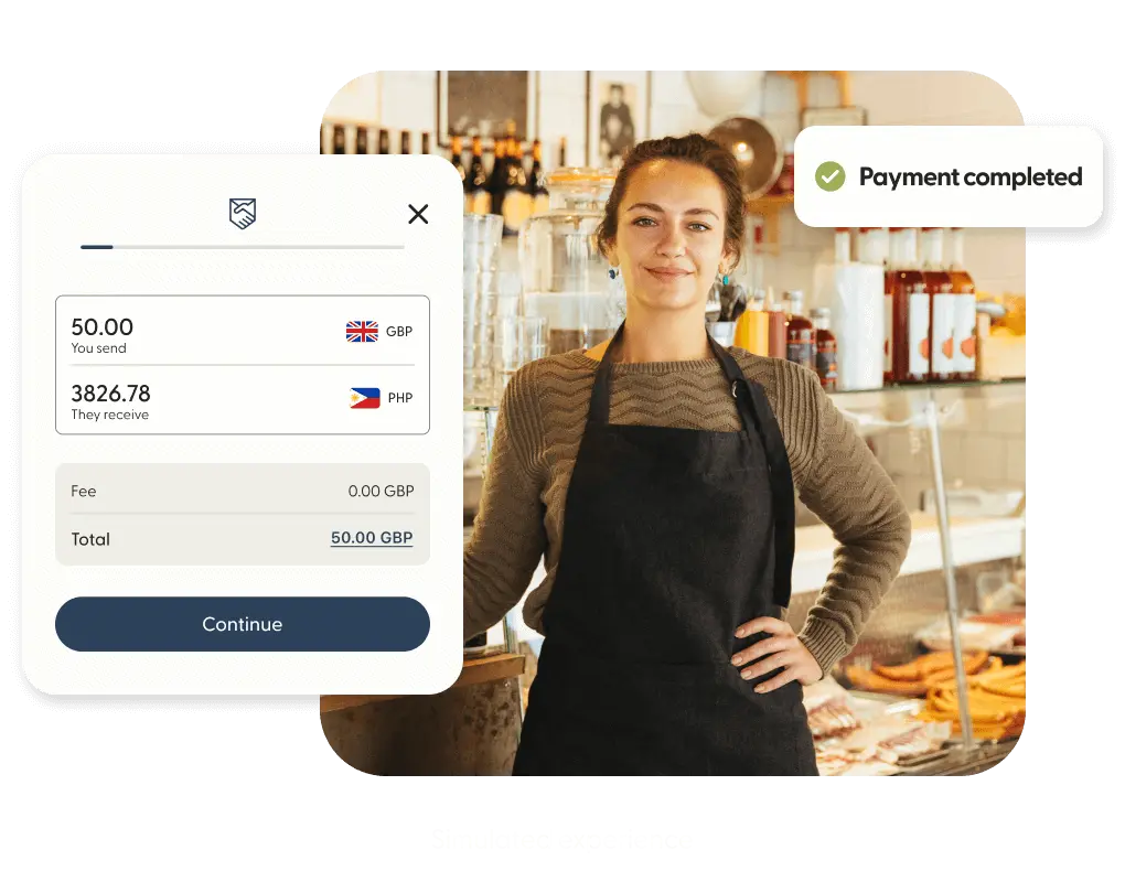 Smiling person with a "Payment completed" notice and a $50 USD to 963 MXN transfer message.