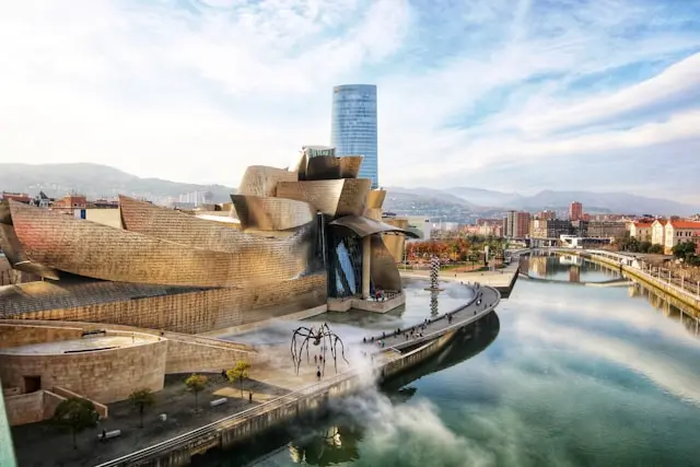 High up view of Bilbao, Spain, specifically the riverside 