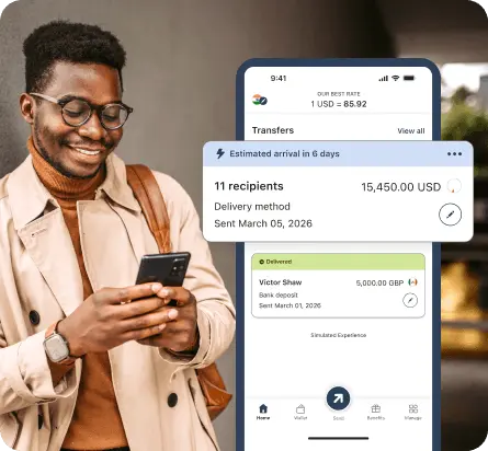 Man with smartphone and Remitly Business UI mockup showing bulk payment feature