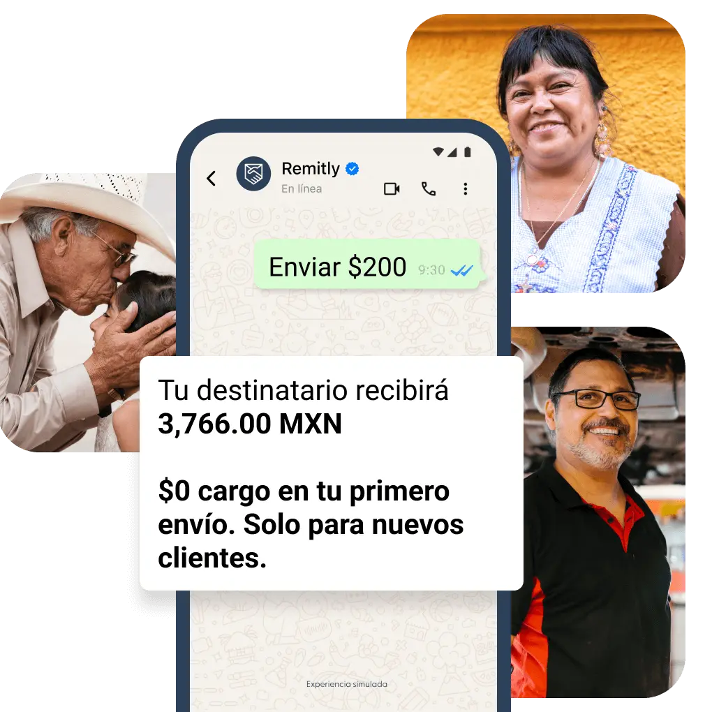Un chat de Remitly en el que se ve un envío de 200 USD con la cantidad que recibe el destinatario y una oferta por tiempo limitado de envío sin cargos.