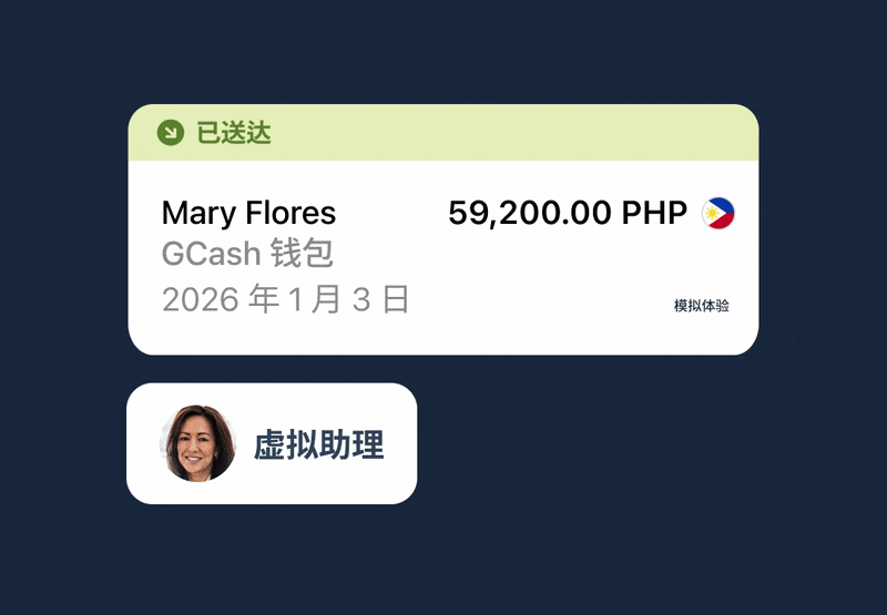 展示企业向全球承包商付款的到账通知动画 GIF。