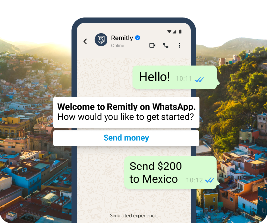 Balões de conversa simulados no WhatsApp mostrando um cliente que deseja iniciar uma transferência.