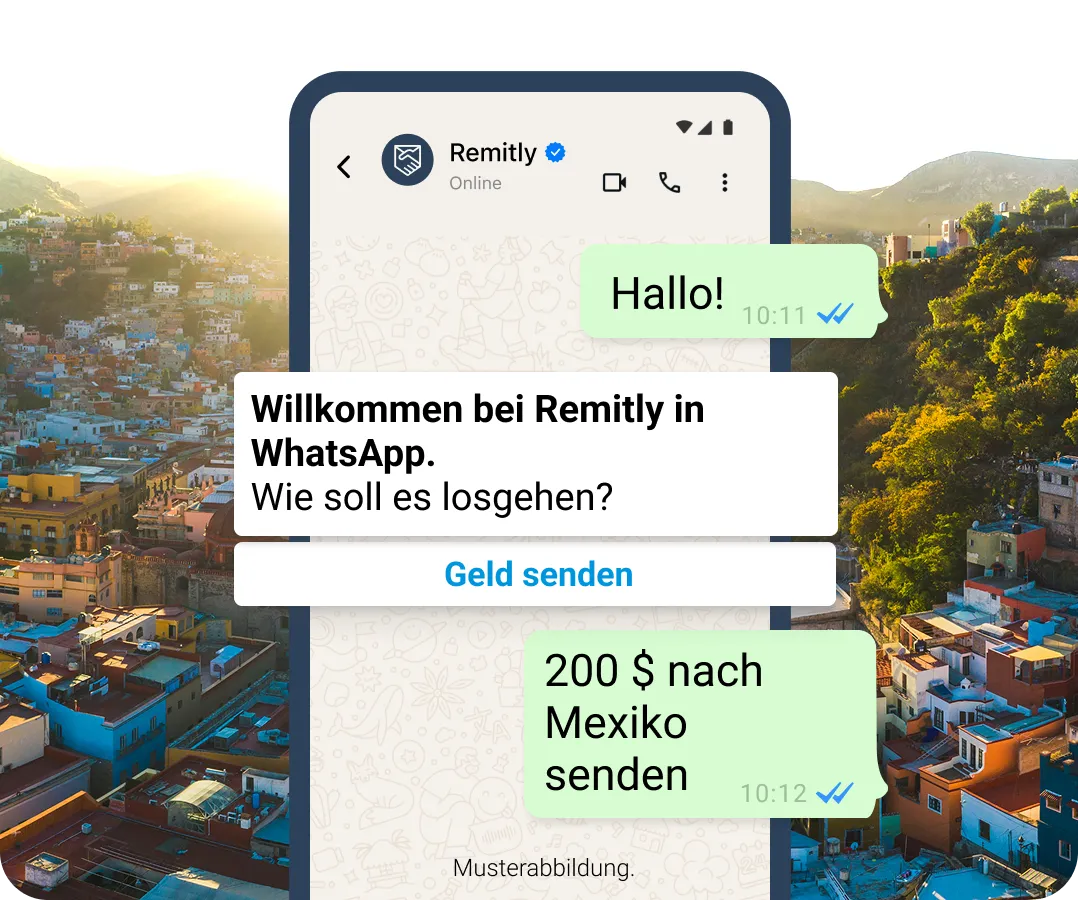 Simulierte Chatunterhaltung in WhatsApp, in der ein Kunde eine Überweisung tätigen möchte.
