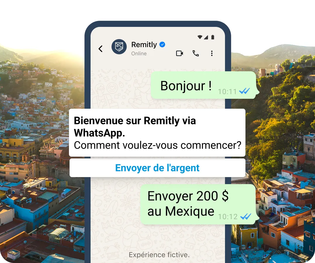 Simulation de bulles de conversation dans WhatApp montrant un client qui veut commencer un transfert.