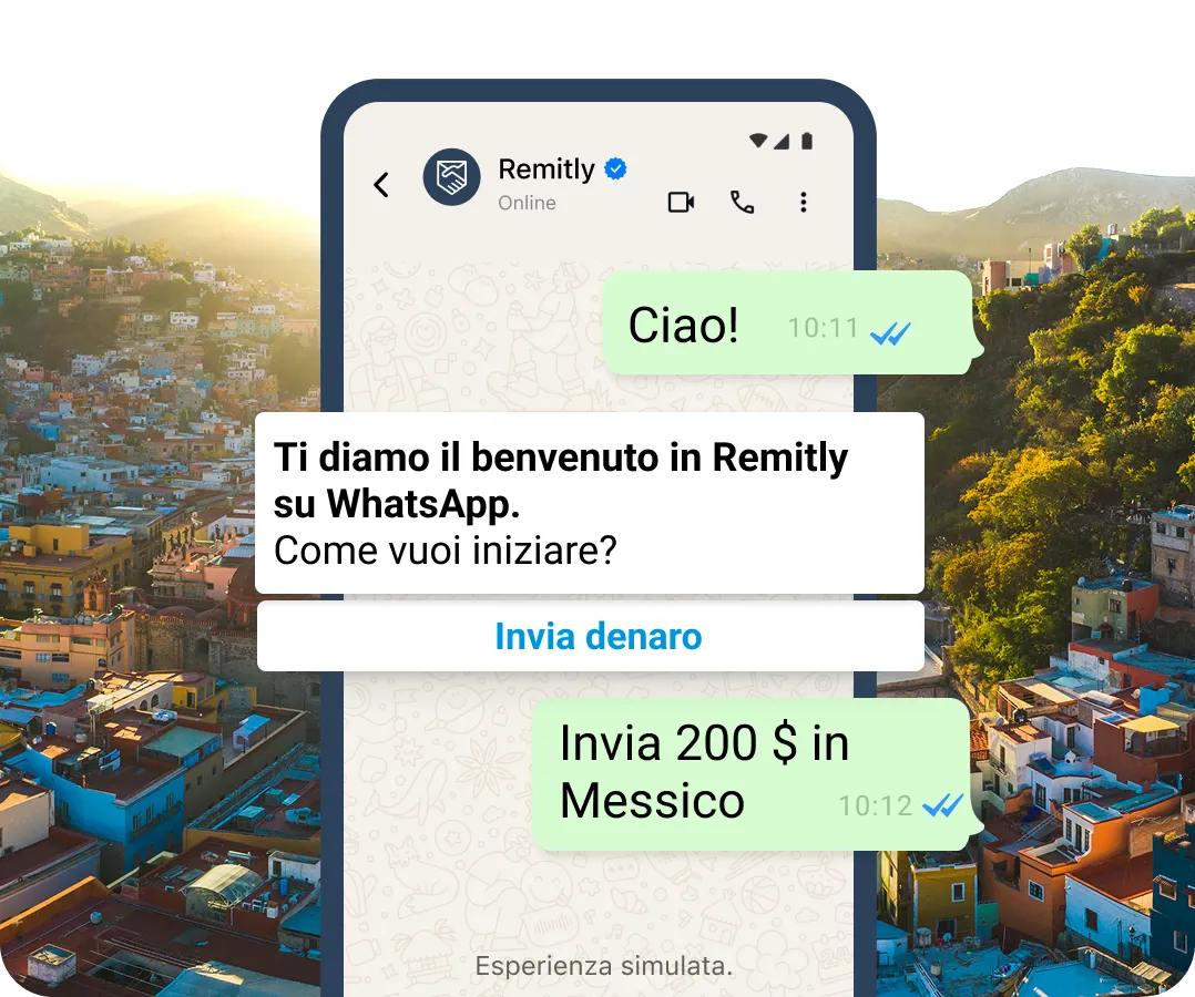 Simulazione di finestre di conversazione di WhatsApp che mostrano un cliente che vuole avviare un trasferimento.