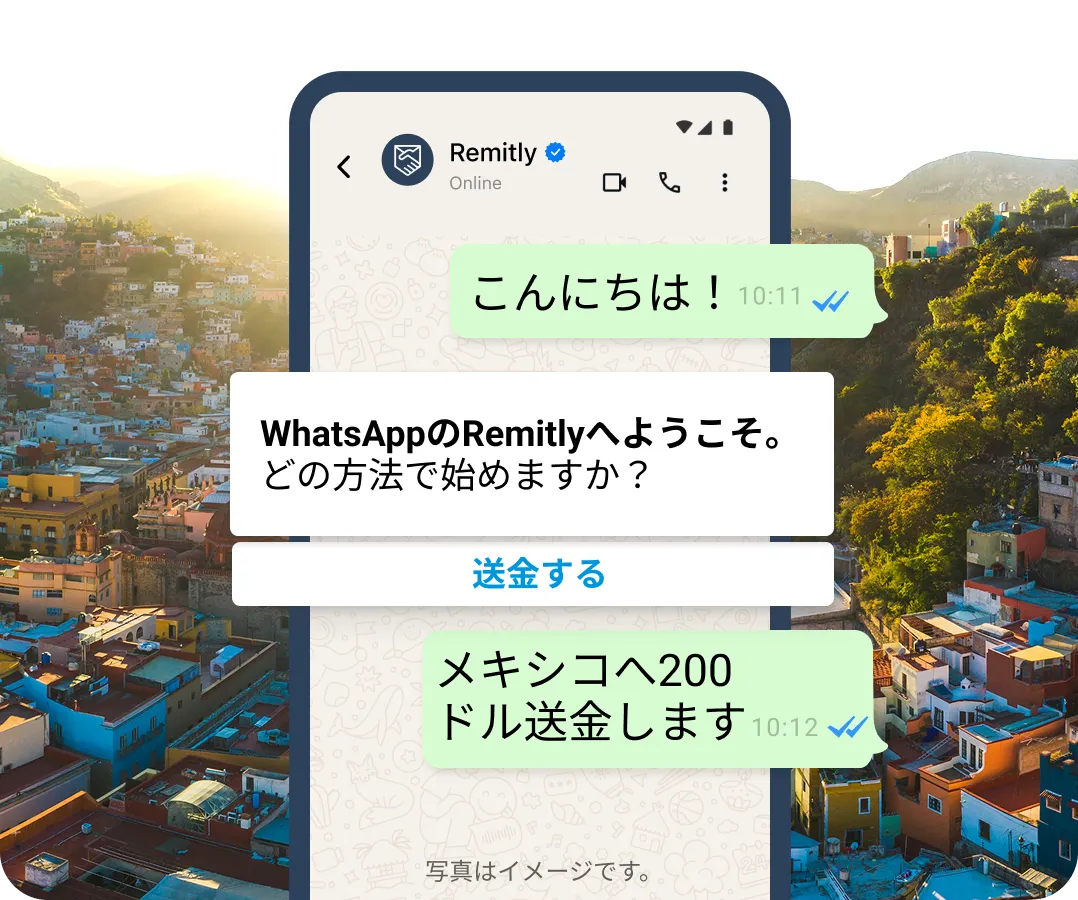 WhatsAppの会話バブルをシミュレーション。送金を開始したい顧客の様子を示している。
