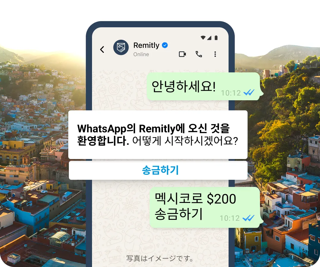 고객이 송금을 시작하려는 상황을 보여주는 WhatsApp의 시뮬레이션 말풍선입니다.