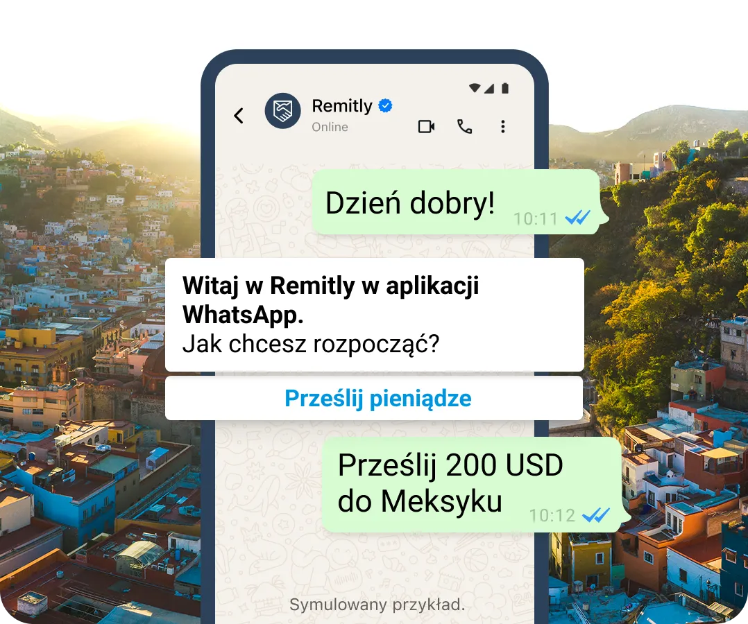 Symulowane dymki rozmowy w WhatsAppie przedstawiające klienta, który chce rozpocząć transfer.