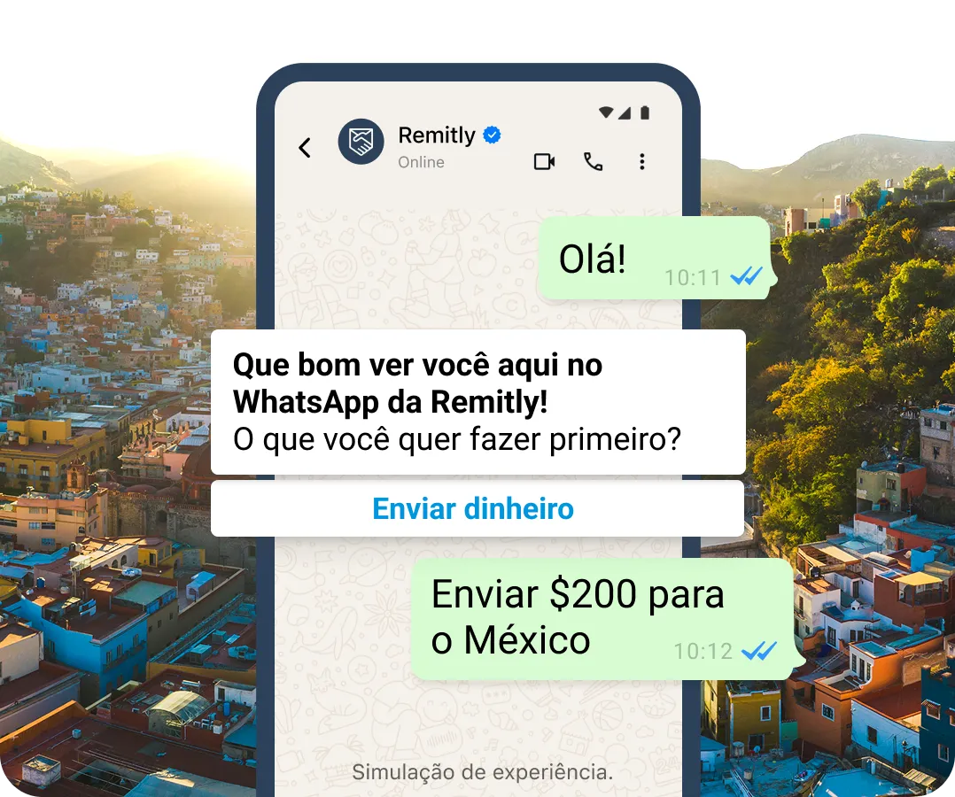 Balões de conversa simulados no WhatsApp mostrando um cliente que deseja iniciar uma transferência.