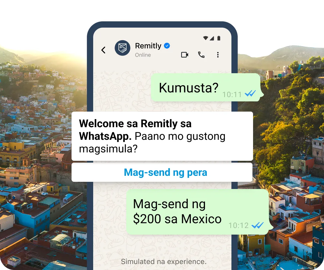 Mga simulated na conversation bubble sa WhatsApp na nagpapakita ng isang customer na gustong mag-start ng transfer.