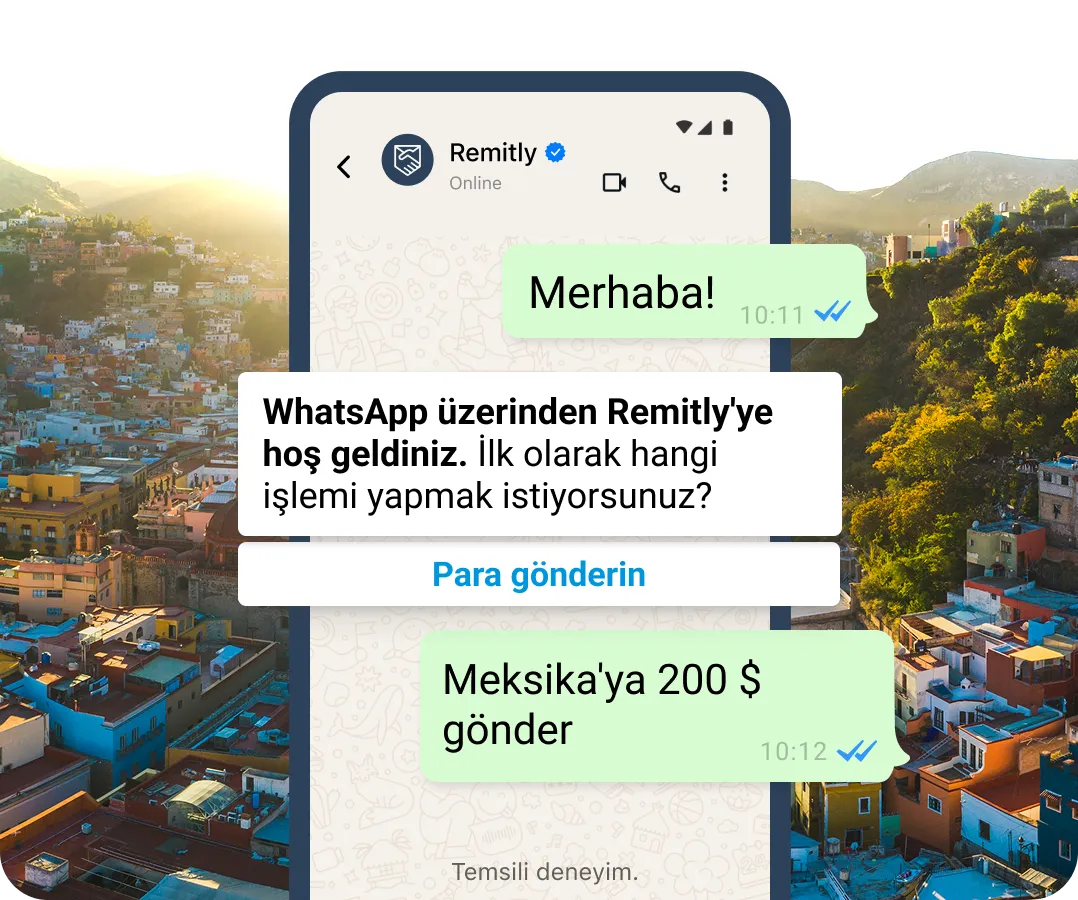 WhatsApp'ta transfer gerçekleştirmek isteyen bir müşteriyi gösteren temsili sohbet balonları.