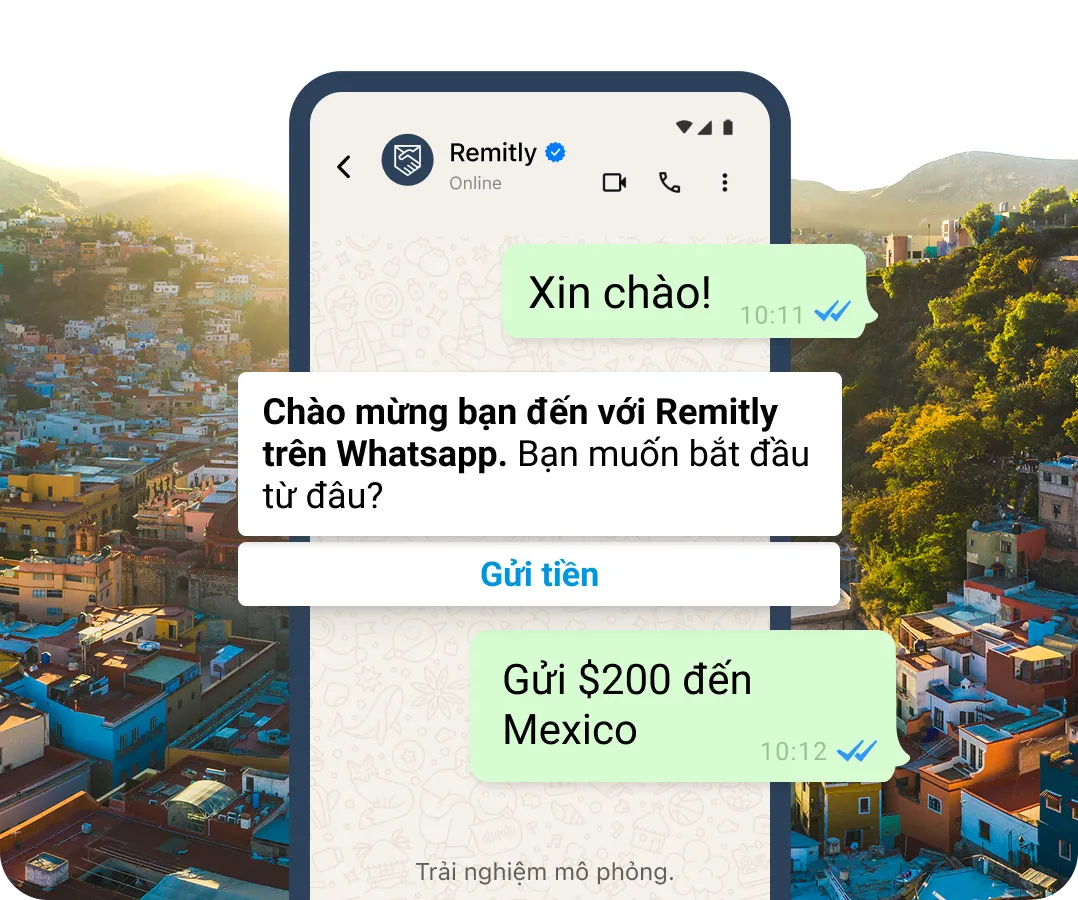 Bong bóng trò chuyện mô phỏng trong WhatsApp cho thấy một khách hàng muốn bắt đầu chuyển tiền.