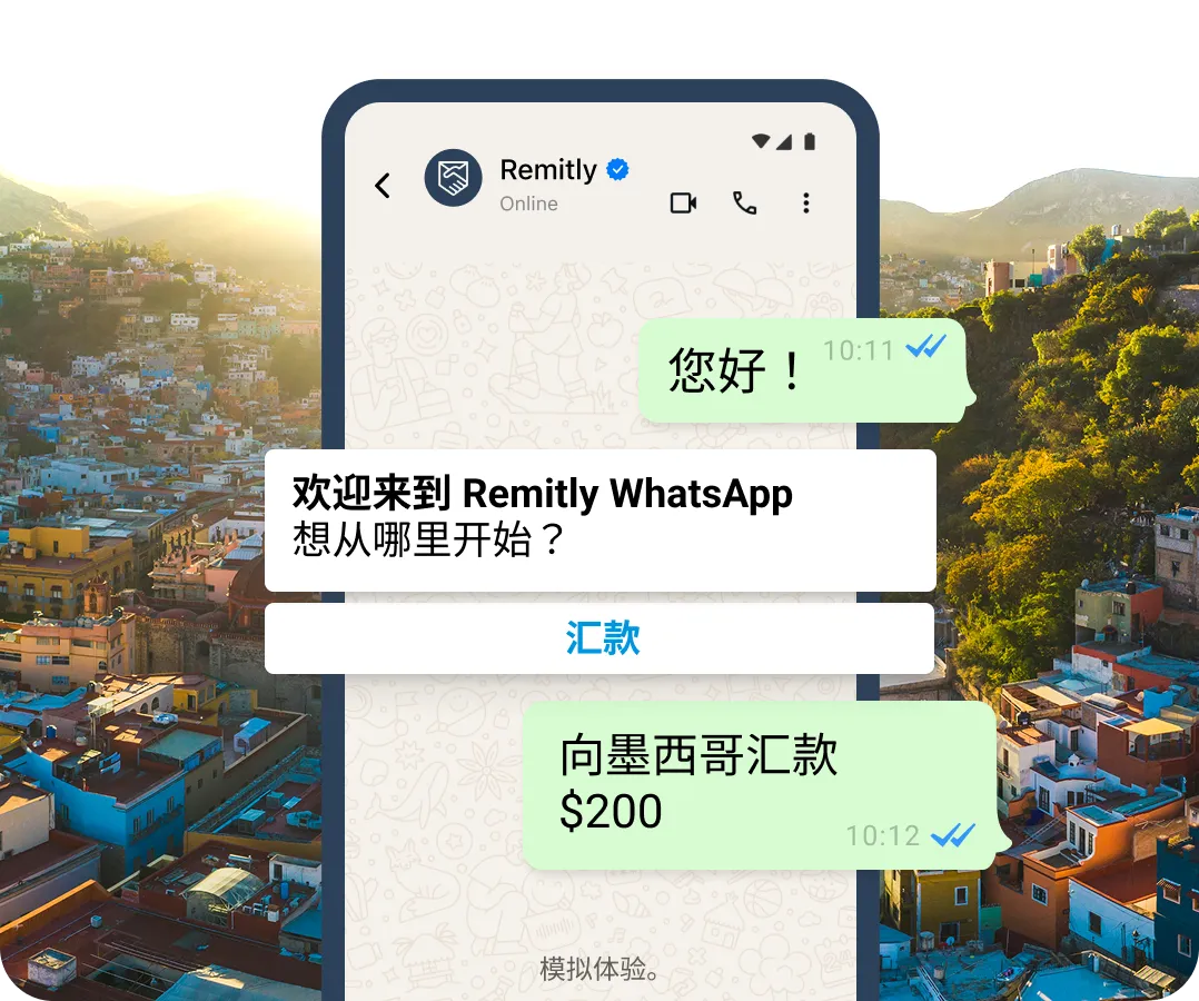 WhatsApp 中的模拟对话气泡,展示了一位想要开始汇款的客户。