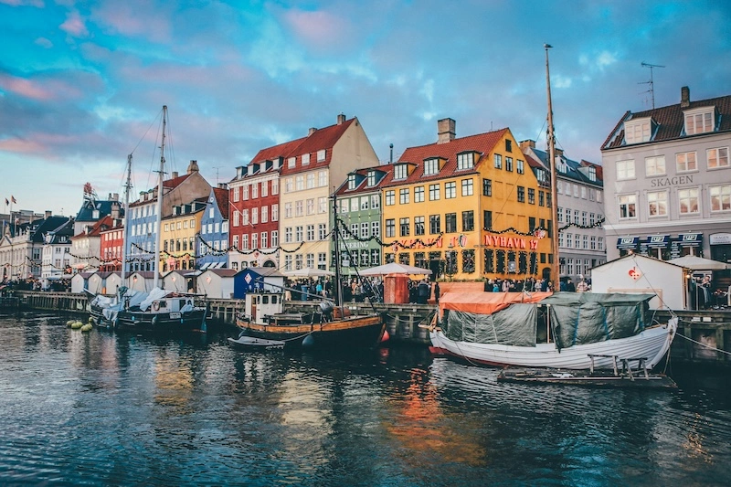 Colorful buildings along Nyhavn canal in Copenhagen, Denmark.