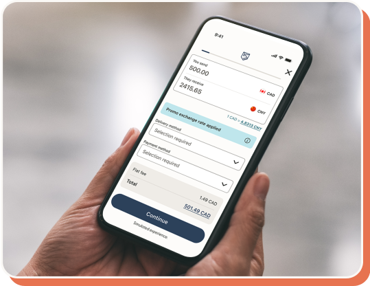 Una mano che tiene un telefono con una simulazione di schermata dell'app Remitly.