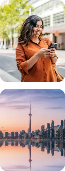 Collage of a woman using her smartphone outdoors and the Toronto skyline.