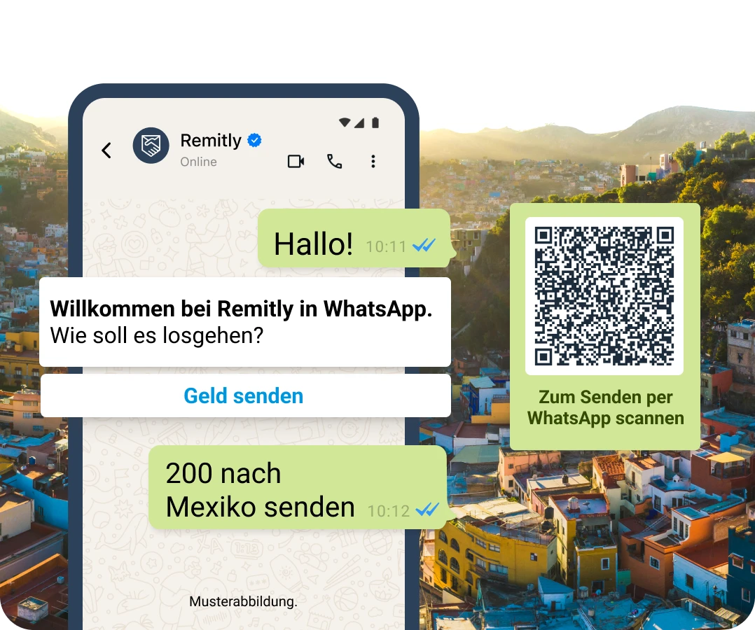 Simulierte Chatunterhaltung in WhatsApp, in der ein Kunde eine Überweisung tätigen möchte.