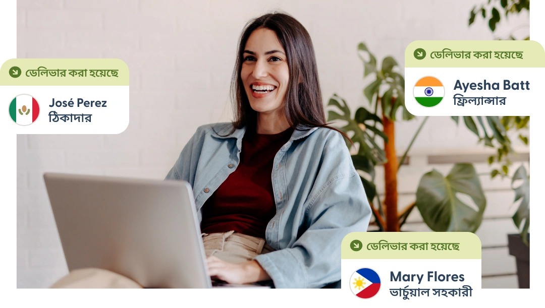 Person using a laptop with notifications of payments delivered to global contractors.