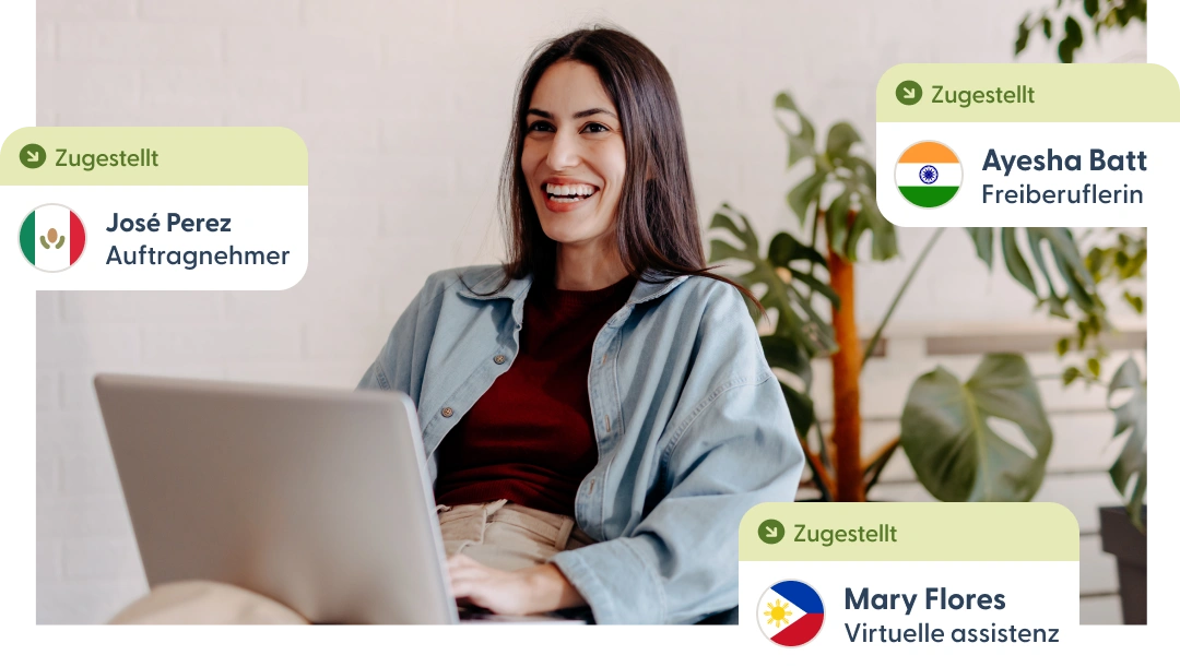 Person using a laptop with notifications of payments delivered to global contractors.