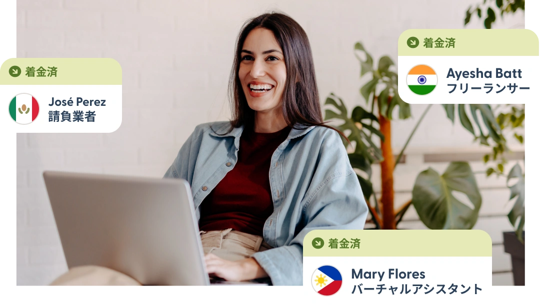 Person using a laptop with notifications of payments delivered to global contractors.