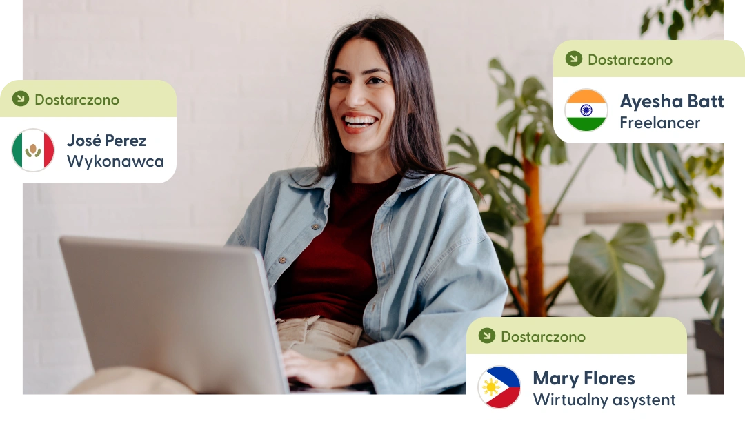 Person using a laptop with notifications of payments delivered to global contractors.