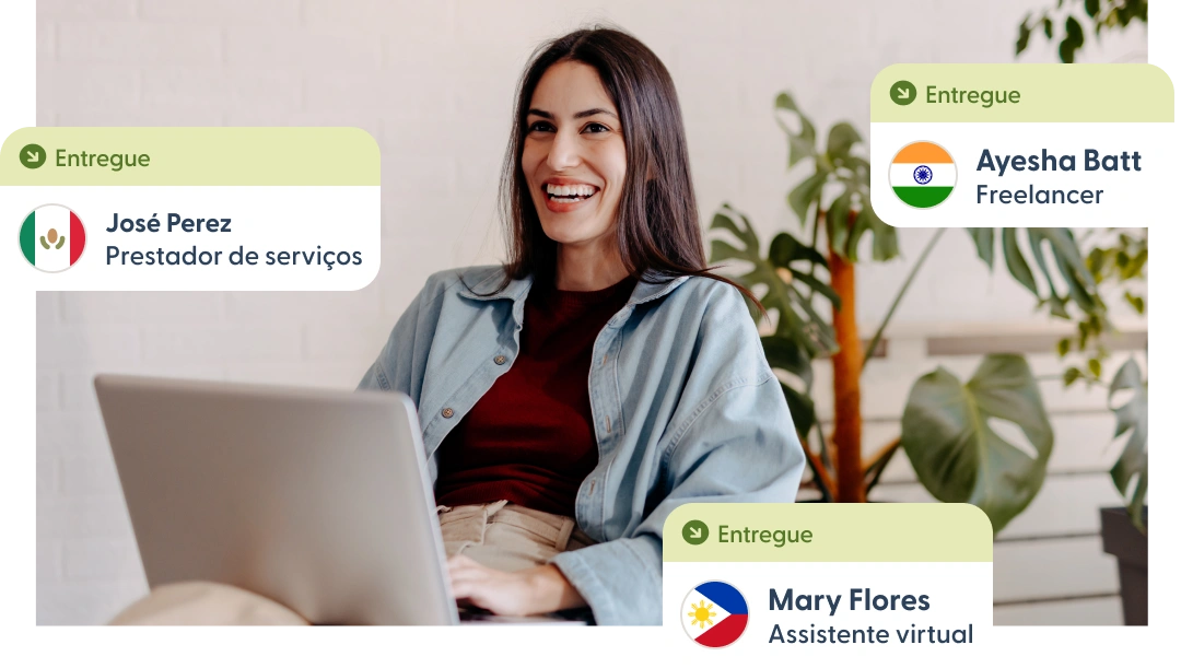 Person using a laptop with notifications of payments delivered to global contractors.