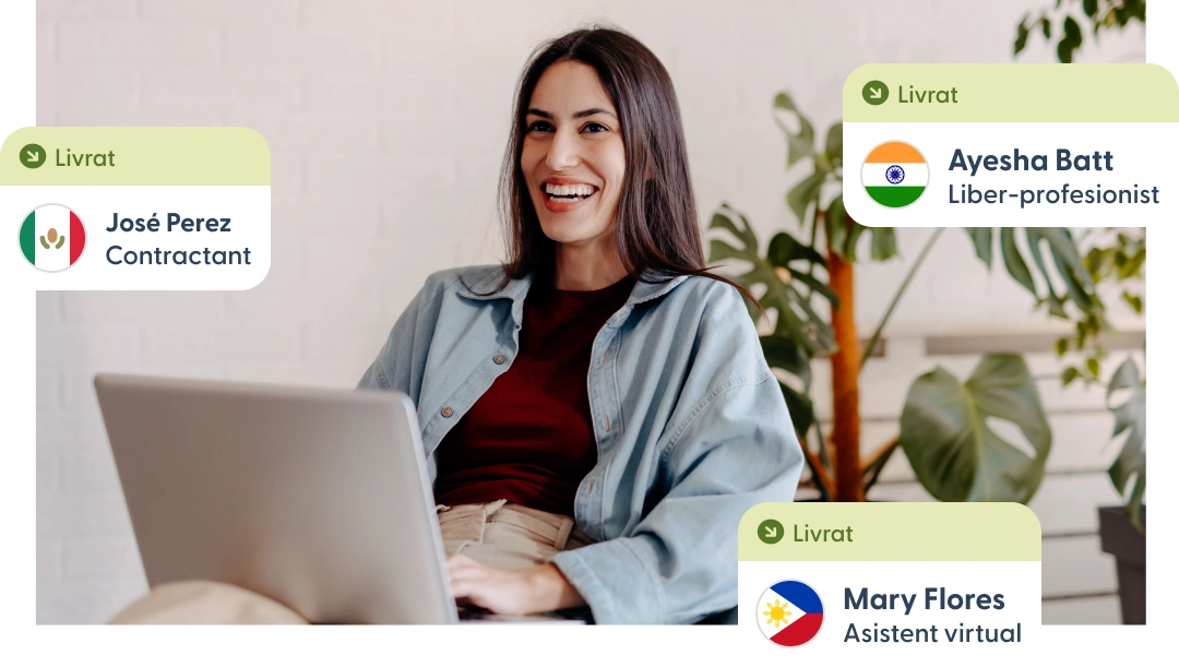 Person using a laptop with notifications of payments delivered to global contractors.