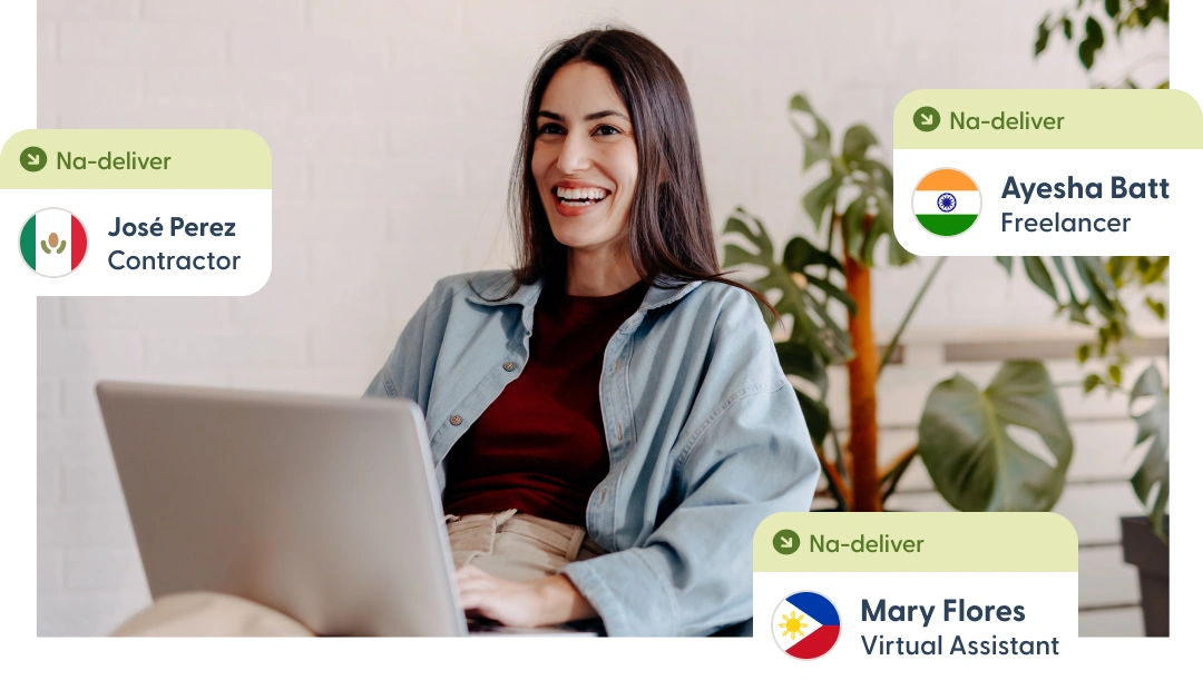 Person using a laptop with notifications of payments delivered to global contractors.