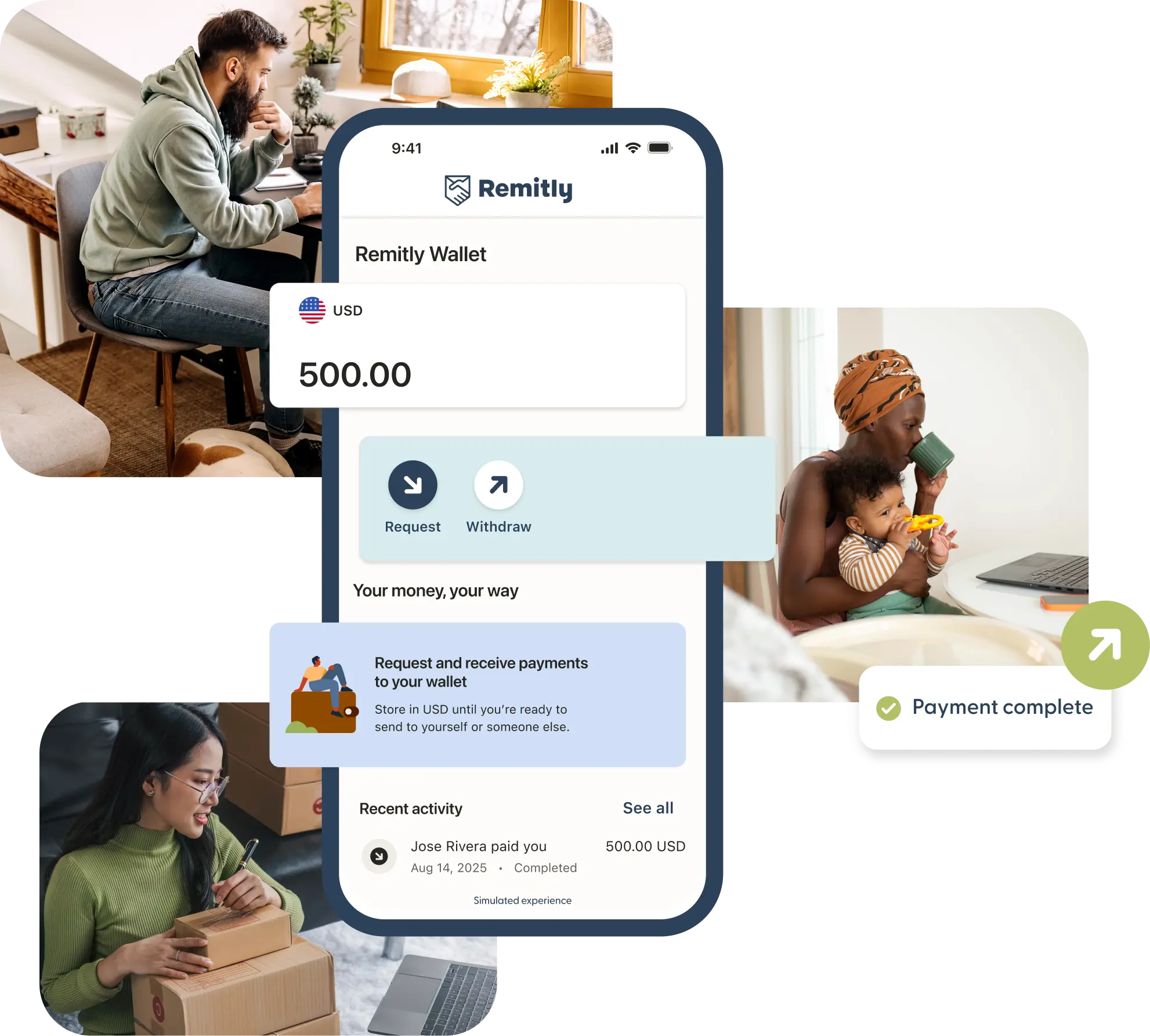 People using the Remitly app to send and receive international payments with wallet balance shown.
