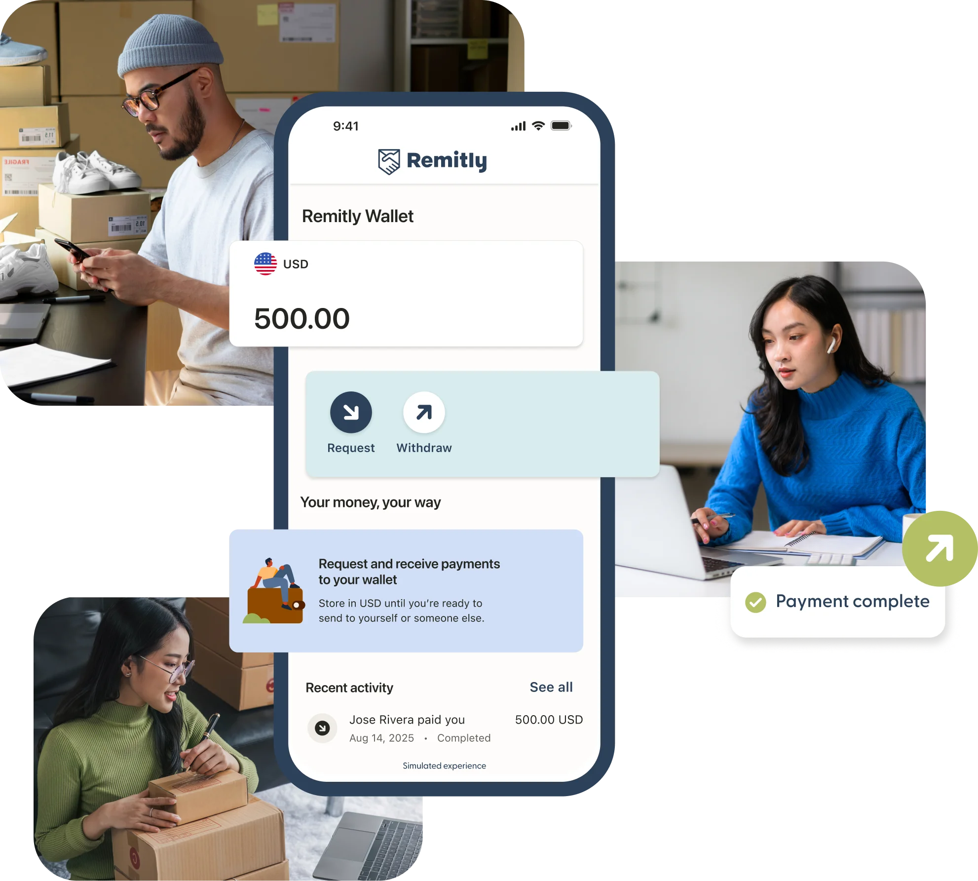 People using the Remitly app to send and receive international payments with wallet balance shown.