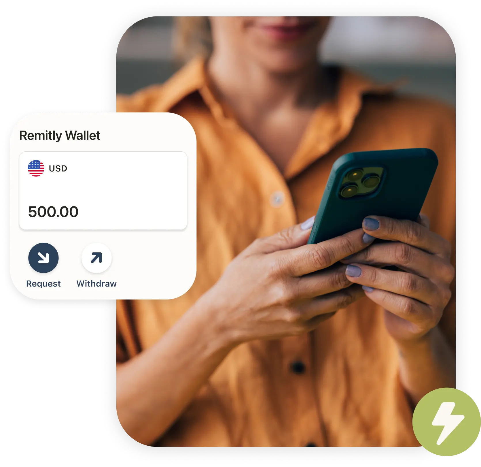 A person holding a smartphone, next to a Remitly Wallet interface displaying options to request or withdraw.