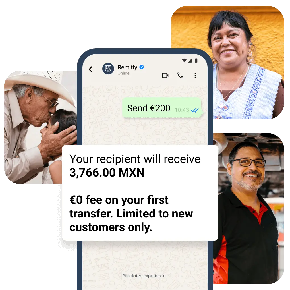 A Remitly chat shows a 200 USD transfer with recipient amount and limited-time fee-free offer.