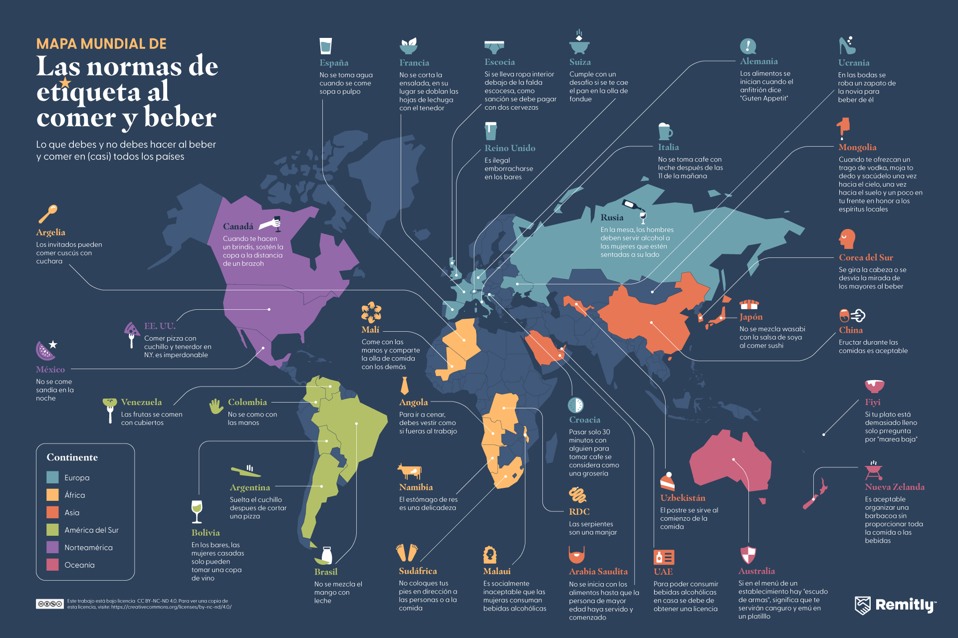 Mapa mundial de las normas de etiqueta al comer y beber
