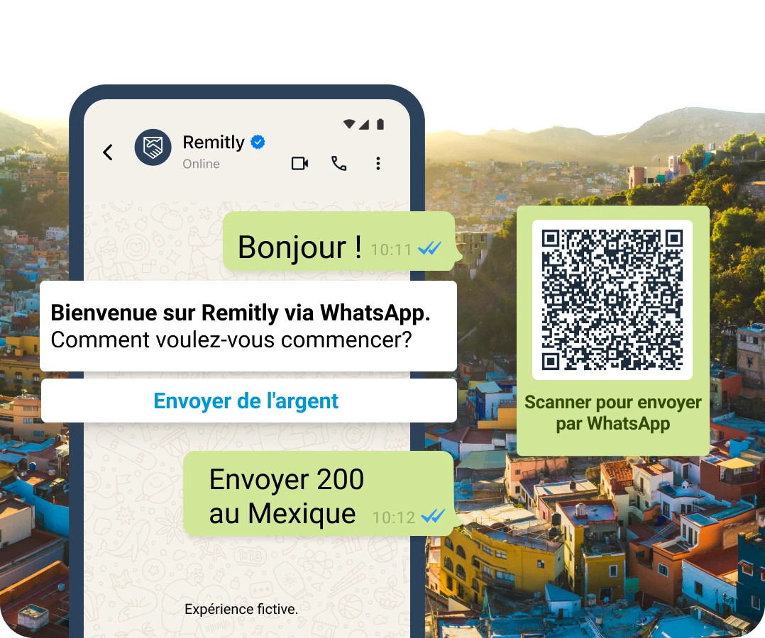 Simulation de bulles de conversation dans WhatApp montrant un client qui veut commencer un transfert.