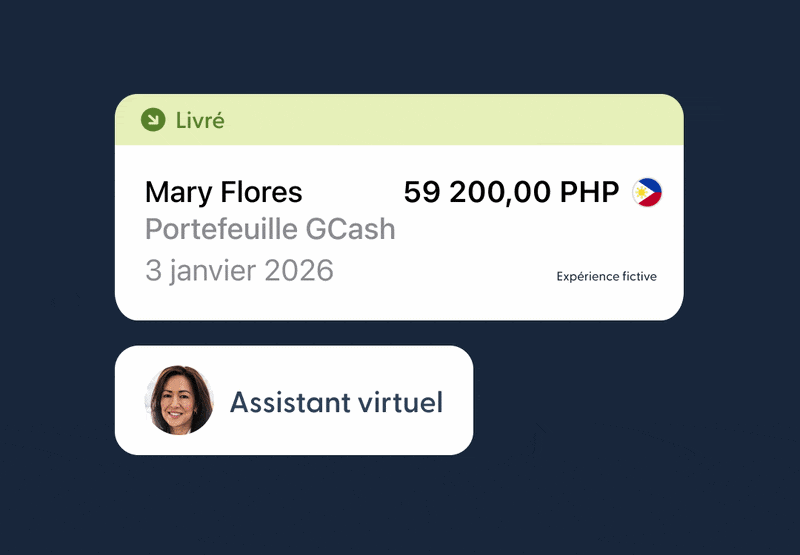 Gif animé montrant des notifications de livraison pour des paiements professionnels à des entrepreneurs internationaux.