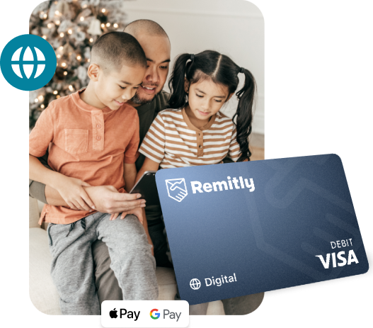 A parent with two children beside an image of the Remitly digital Visa debit card.