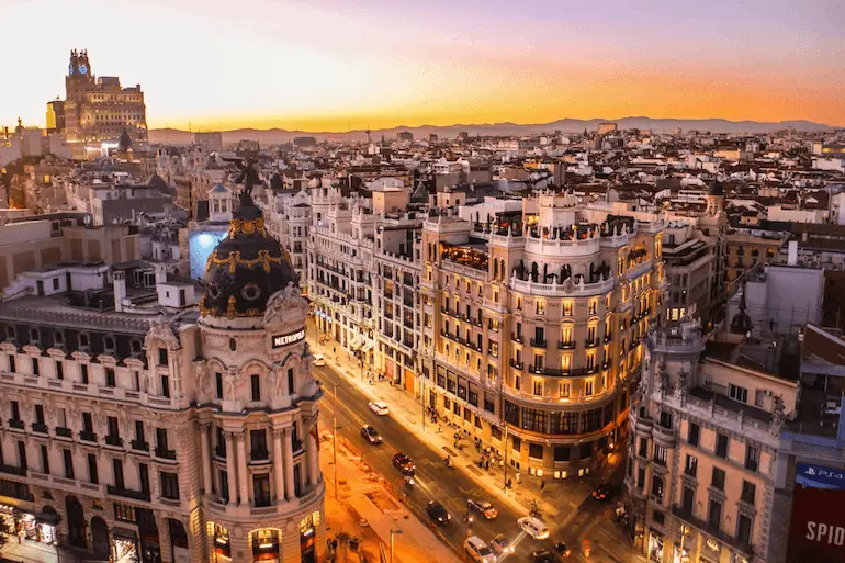Aerial view of Gran Vía in Madrid at sunset