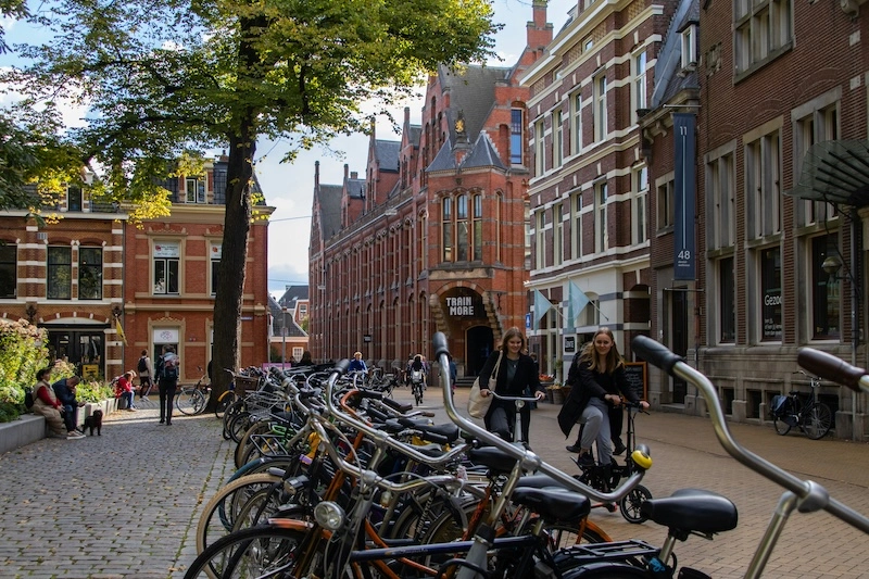 A row of bikes parked on a street in Groningen, Netherlands.