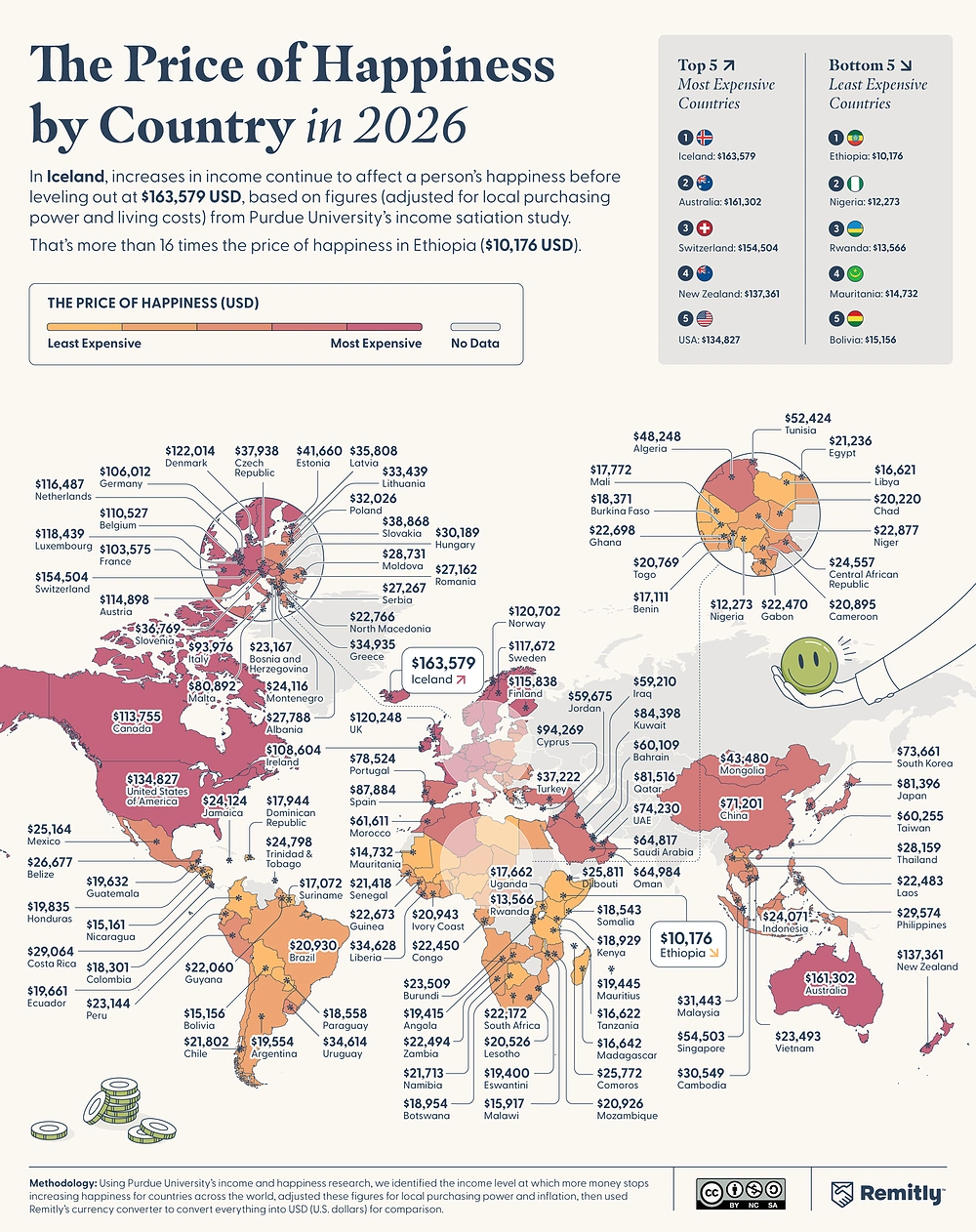 World map infographic comparing the income level associated with maximum happiness across countries in 2026.