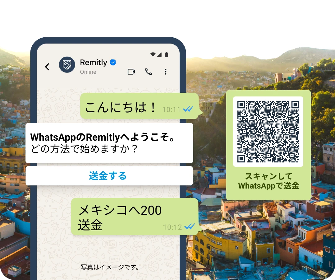 WhatsAppの会話バブルをシミュレーション。送金を開始したい顧客の様子を示している。